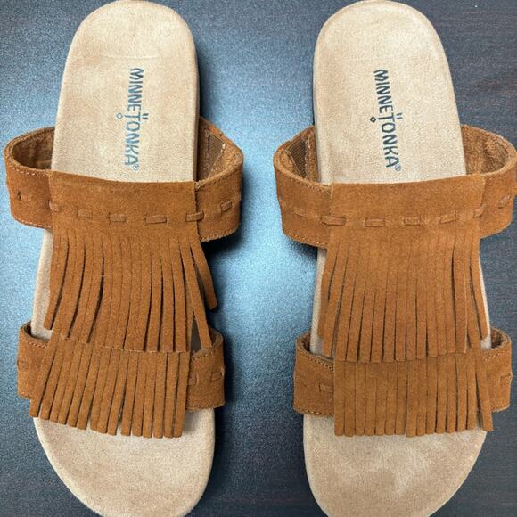 Minnetonka Womens Slides Sandals Brown Leather Fringe Boho Slip On Size 9 - Picture 9 of 9